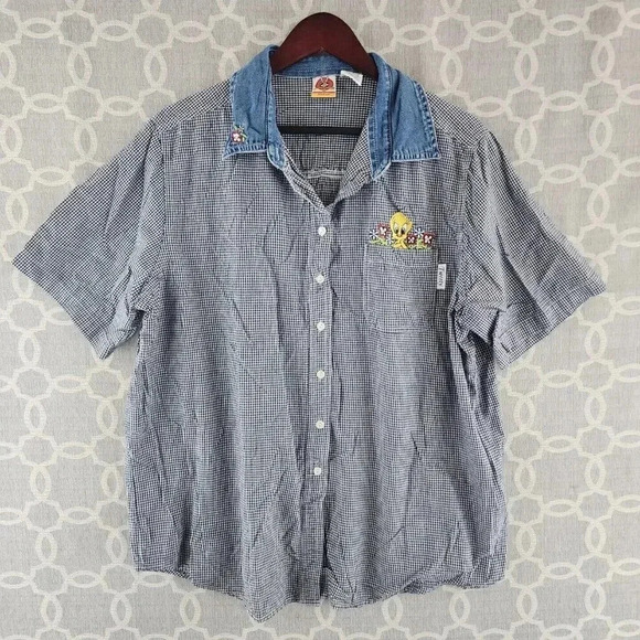 Vintage Looney Tunes Tweety Checkered Short Sleeve Button Women's Shirt 18W/20 - Picture 1 of 8